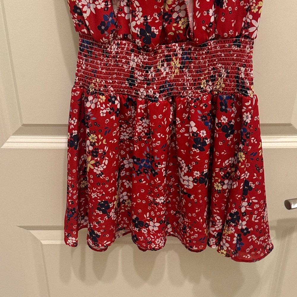 Parker Red Floral Blue Yellow White Print V-Neck Ruffle Elastic Mini Dress XS - Picture 4 of 7
